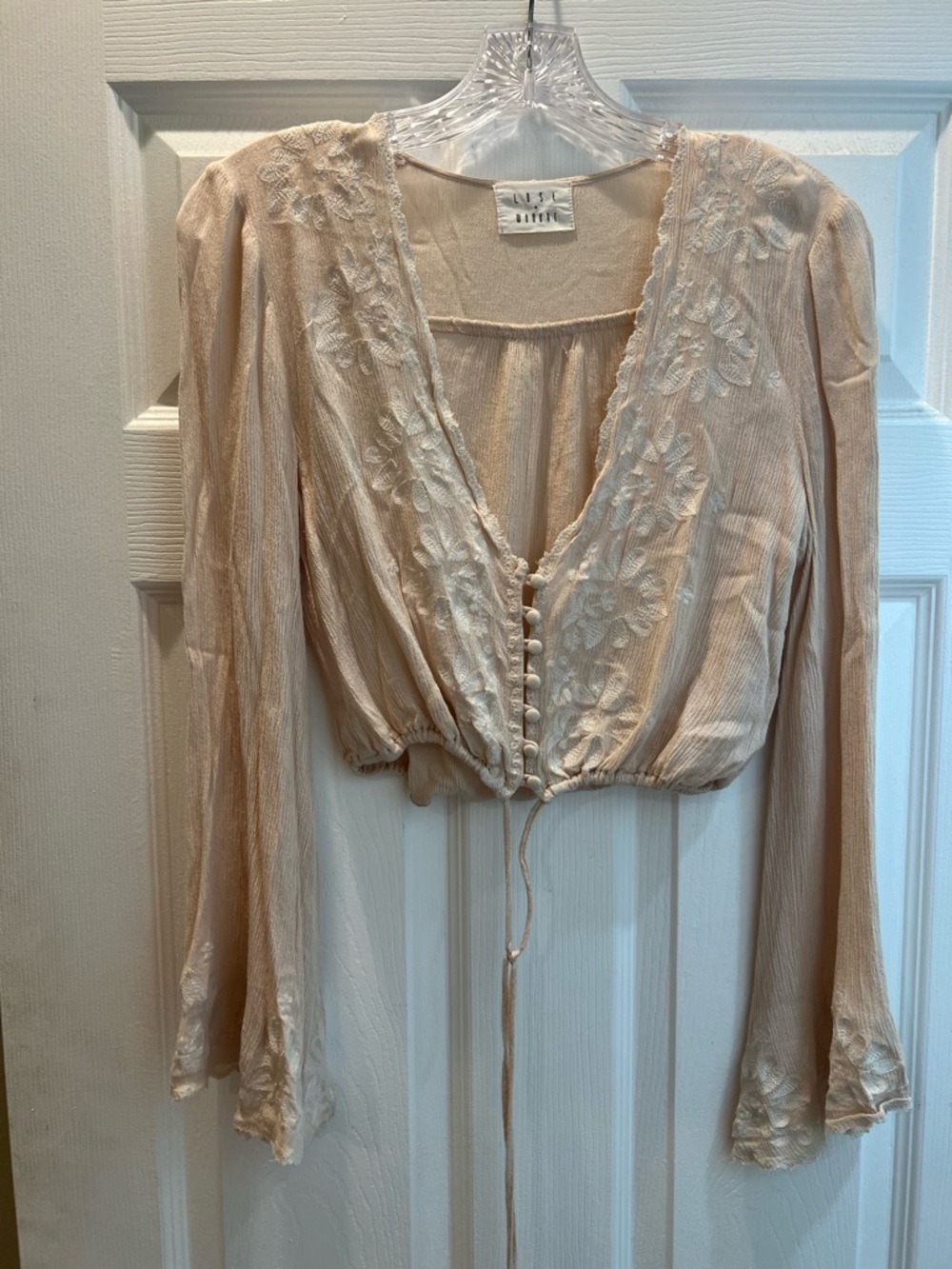 Zara Blush Embroidered Tie-Front V-Neck Top